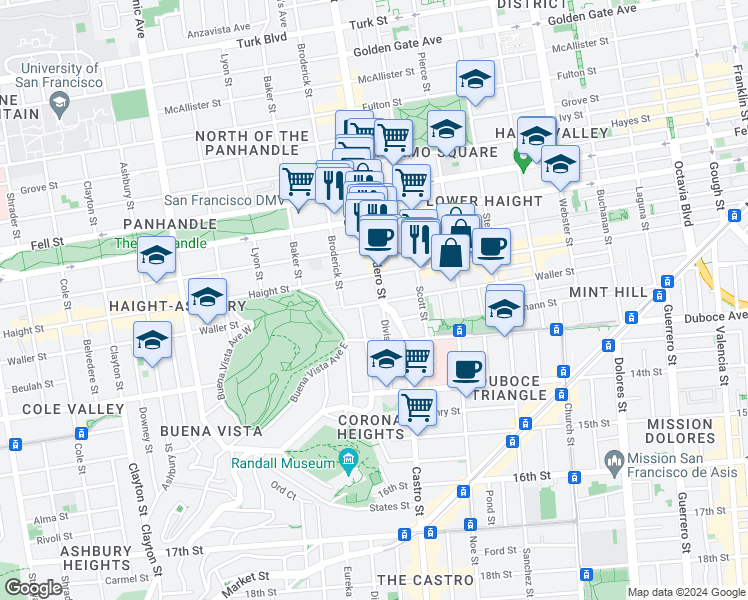 map of restaurants, bars, coffee shops, grocery stores, and more near 15 Alpine Terrace in San Francisco