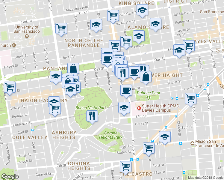 map of restaurants, bars, coffee shops, grocery stores, and more near 101 Buena Vista Avenue East in San Francisco