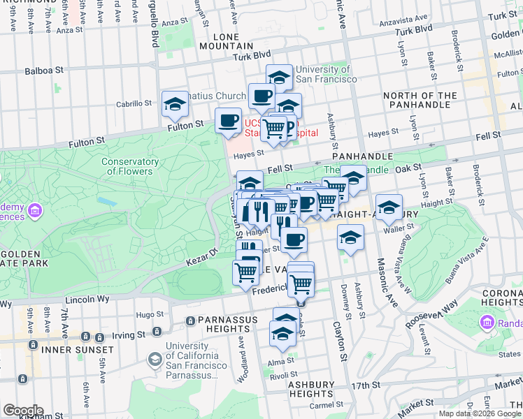 map of restaurants, bars, coffee shops, grocery stores, and more near 1921 Page Street in San Francisco