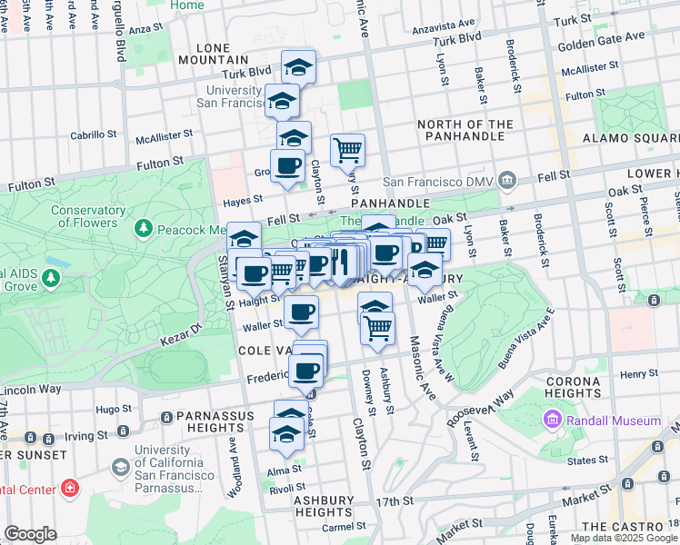 map of restaurants, bars, coffee shops, grocery stores, and more near 1556 Haight Street in San Francisco