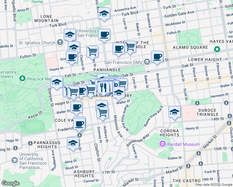 map of restaurants, bars, coffee shops, grocery stores, and more near 1364 Haight Street in San Francisco