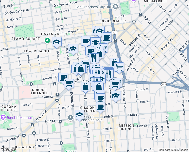 map of restaurants, bars, coffee shops, grocery stores, and more near 170 Valencia Street in San Francisco