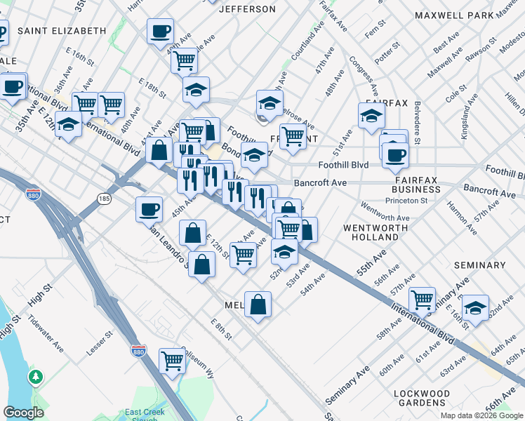 map of restaurants, bars, coffee shops, grocery stores, and more near 4800 International Boulevard in Oakland