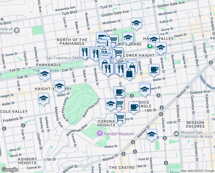 map of restaurants, bars, coffee shops, grocery stores, and more near 15 Alpine Terrace in San Francisco