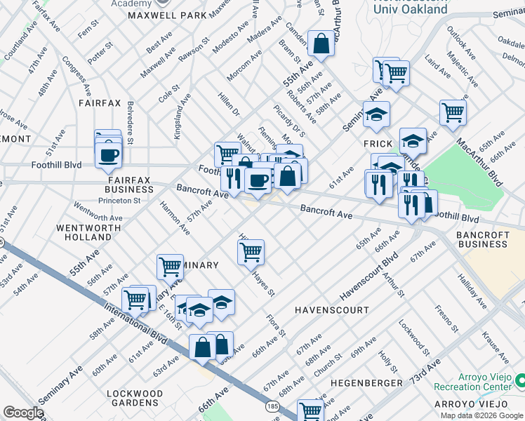 map of restaurants, bars, coffee shops, grocery stores, and more near 2451 60th Avenue in Oakland