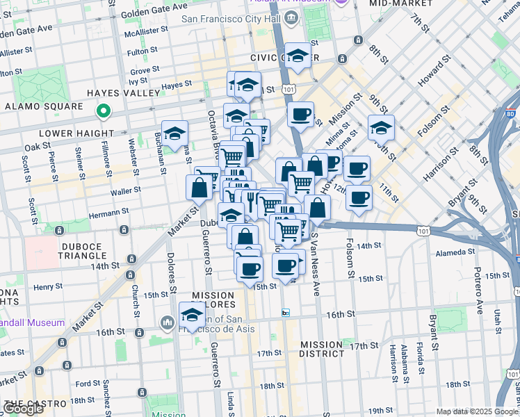 map of restaurants, bars, coffee shops, grocery stores, and more near 170 Otis Street in San Francisco