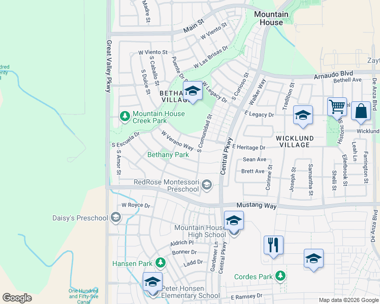 map of restaurants, bars, coffee shops, grocery stores, and more near 689 Comunidad Street in Mountain House