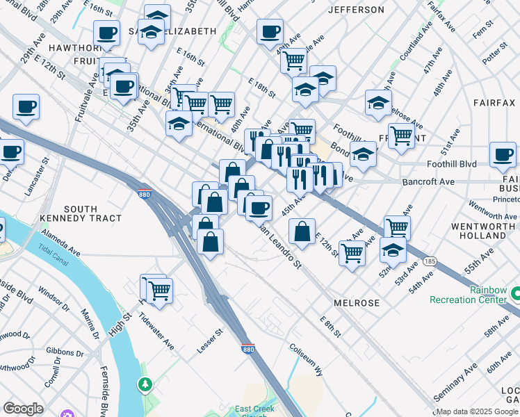 map of restaurants, bars, coffee shops, grocery stores, and more near 1020 44th Avenue in Oakland