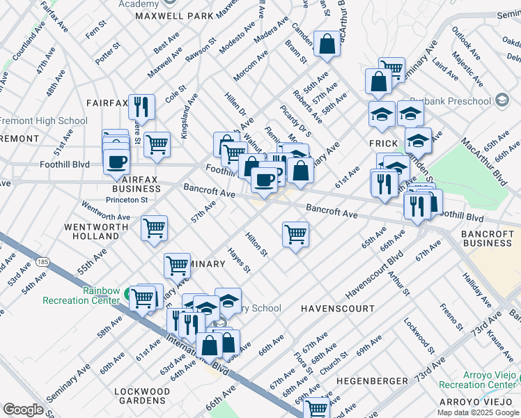 map of restaurants, bars, coffee shops, grocery stores, and more near 2451 Seminary Avenue in Oakland