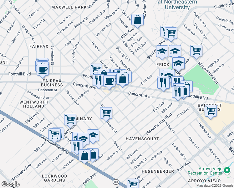 map of restaurants, bars, coffee shops, grocery stores, and more near 2451 60th Avenue in Oakland