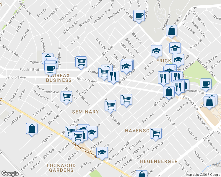 map of restaurants, bars, coffee shops, grocery stores, and more near 2451 60th Avenue in Oakland