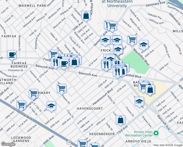 map of restaurants, bars, coffee shops, grocery stores, and more near in Oakland