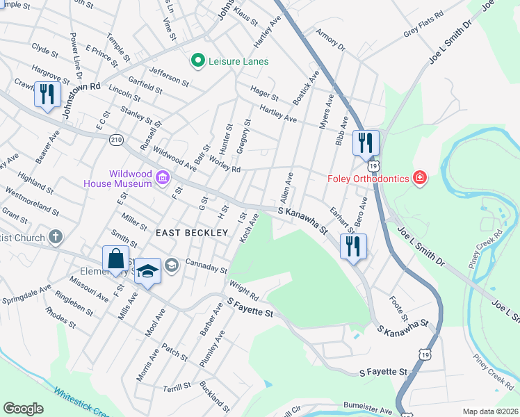 map of restaurants, bars, coffee shops, grocery stores, and more near 101 Koch Avenue in Beckley