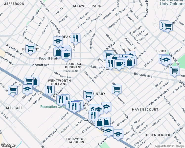 map of restaurants, bars, coffee shops, grocery stores, and more near 5553 Harvey Avenue in Oakland