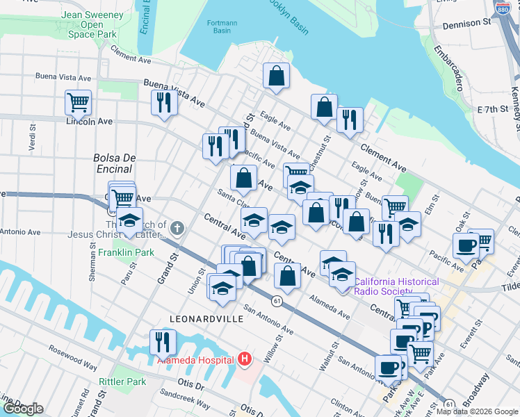 map of restaurants, bars, coffee shops, grocery stores, and more near 1827 Santa Clara Avenue in Alameda