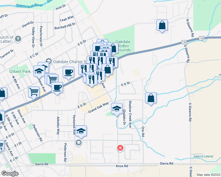 map of restaurants, bars, coffee shops, grocery stores, and more near 185 South Maag Avenue in Oakdale