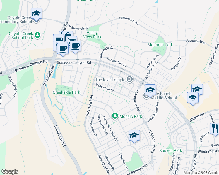 map of restaurants, bars, coffee shops, grocery stores, and more near 2581 Basswood Drive in San Ramon