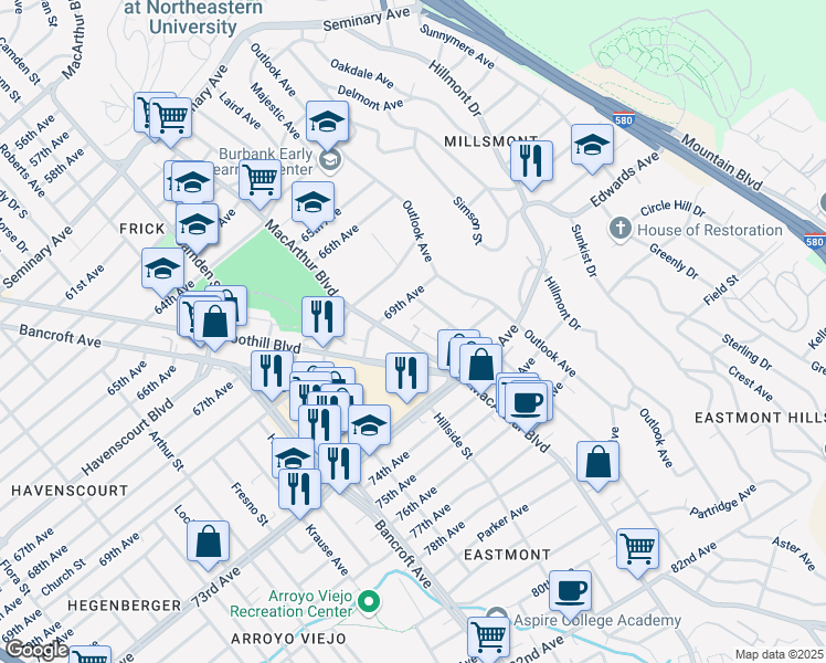 map of restaurants, bars, coffee shops, grocery stores, and more near 7048 MacArthur Boulevard in Oakland