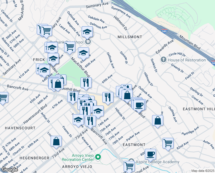 map of restaurants, bars, coffee shops, grocery stores, and more near 6939 MacArthur Boulevard in Oakland