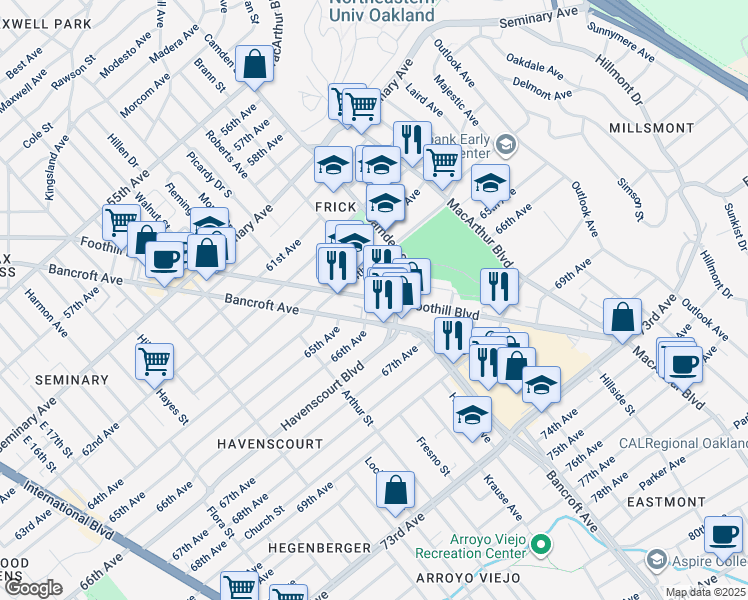 map of restaurants, bars, coffee shops, grocery stores, and more near 6626 Bancroft Avenue in Oakland