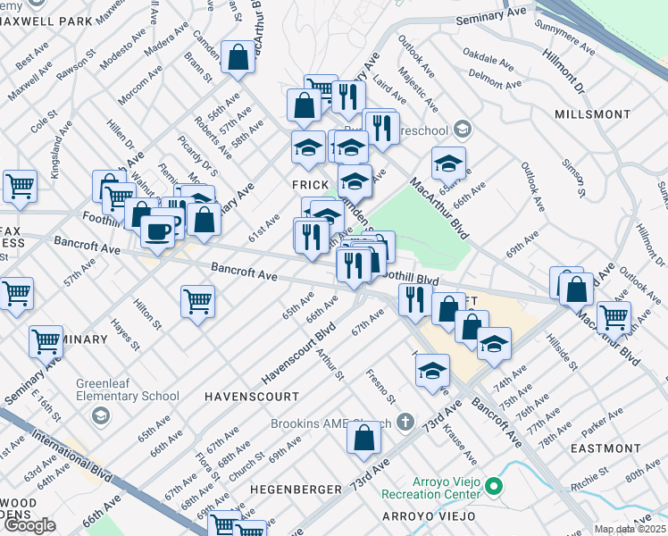 map of restaurants, bars, coffee shops, grocery stores, and more near 6516 Bancroft Avenue in Oakland