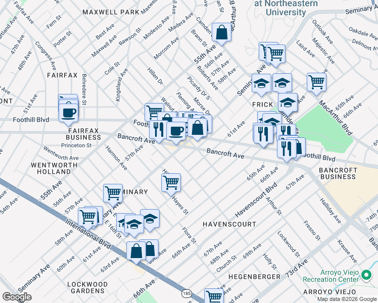 map of restaurants, bars, coffee shops, grocery stores, and more near 2451 60th Avenue in Oakland