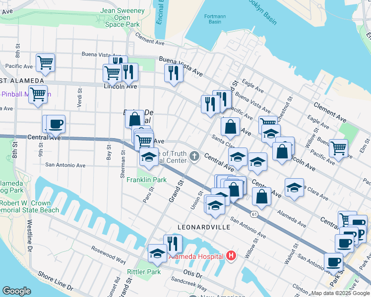 map of restaurants, bars, coffee shops, grocery stores, and more near 1315 Grand Street in Alameda