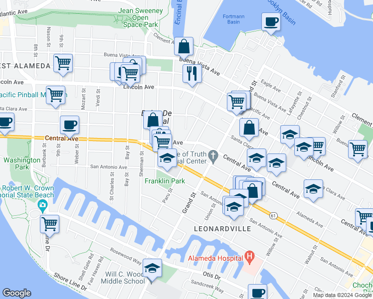 map of restaurants, bars, coffee shops, grocery stores, and more near 1222 Paru Street in Alameda