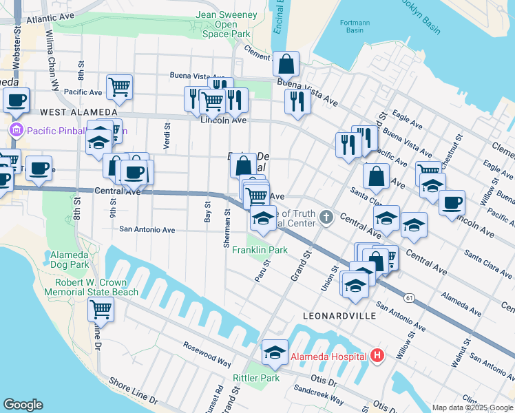 map of restaurants, bars, coffee shops, grocery stores, and more near in Alameda