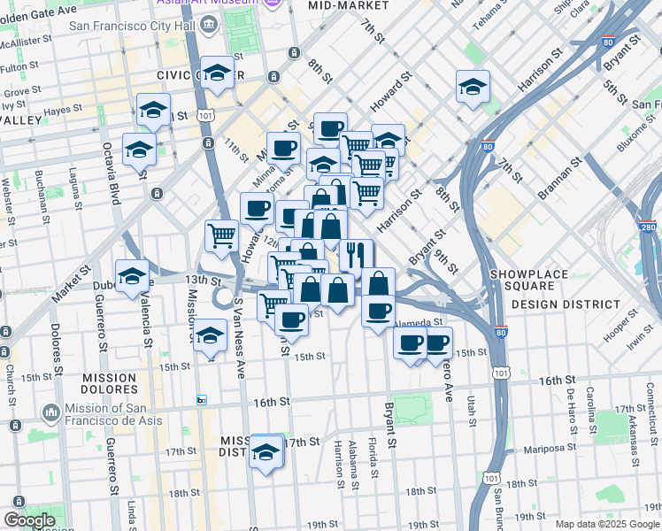 map of restaurants, bars, coffee shops, grocery stores, and more near 396 12th Street in San Francisco