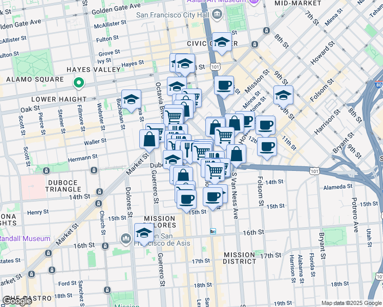 map of restaurants, bars, coffee shops, grocery stores, and more near 31 Duboce Avenue in San Francisco