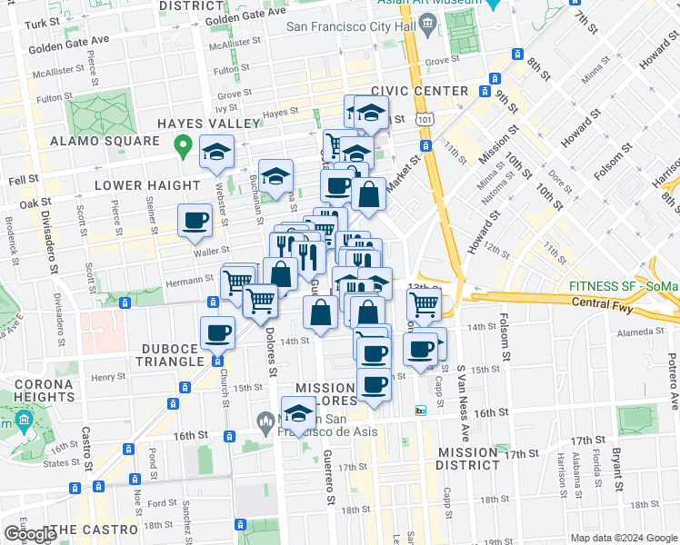 map of restaurants, bars, coffee shops, grocery stores, and more near in San Francisco