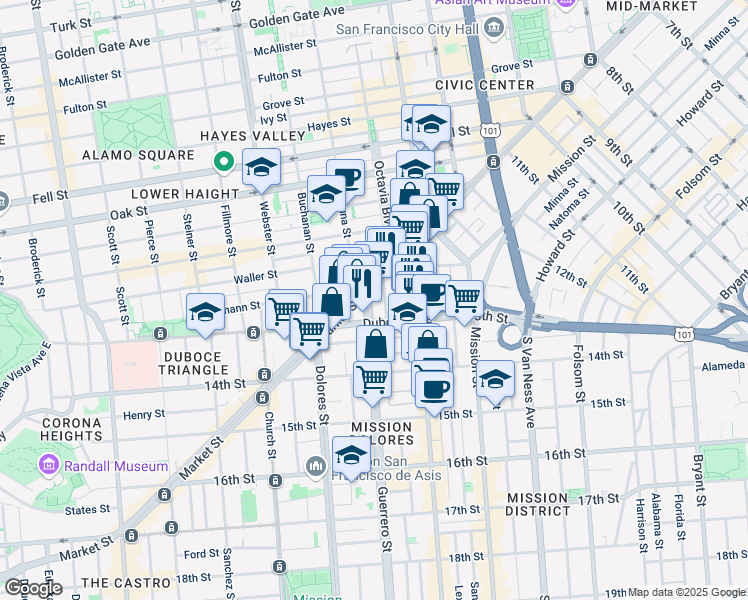 map of restaurants, bars, coffee shops, grocery stores, and more near 170 Duboce Avenue in San Francisco