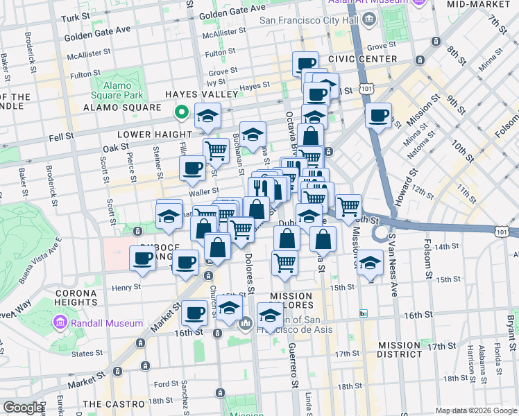 map of restaurants, bars, coffee shops, grocery stores, and more near in San Francisco