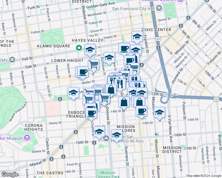 map of restaurants, bars, coffee shops, grocery stores, and more near in San Francisco
