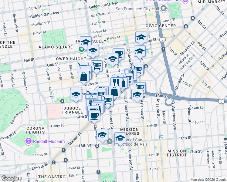 map of restaurants, bars, coffee shops, grocery stores, and more near in San Francisco
