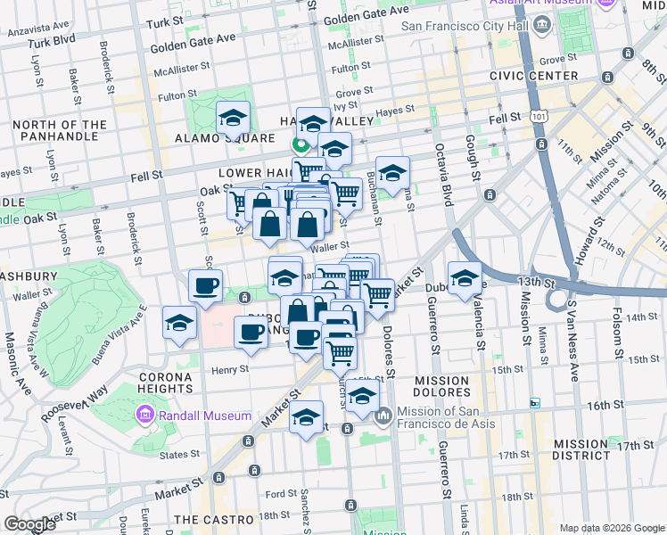 map of restaurants, bars, coffee shops, grocery stores, and more near in San Francisco