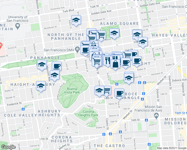 map of restaurants, bars, coffee shops, grocery stores, and more near 15 Alpine Terrace in San Francisco
