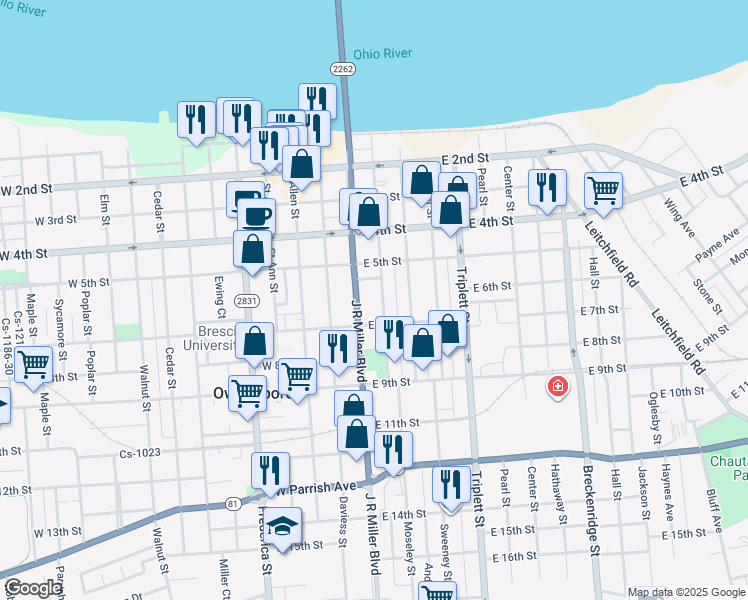 map of restaurants, bars, coffee shops, grocery stores, and more near 309 East 7th Street in Owensboro