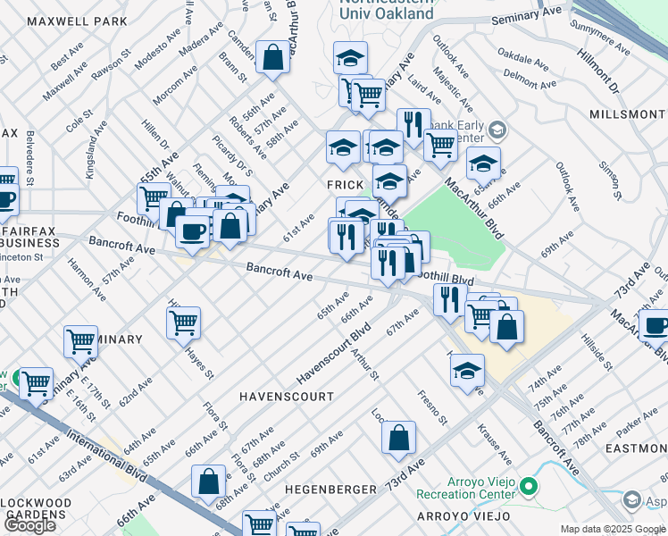 map of restaurants, bars, coffee shops, grocery stores, and more near 2641 64th Avenue in Oakland