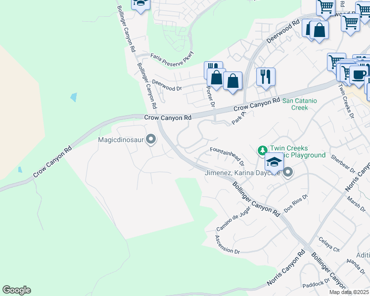 map of restaurants, bars, coffee shops, grocery stores, and more near Creekside Drive & Enchanted Way in San Ramon