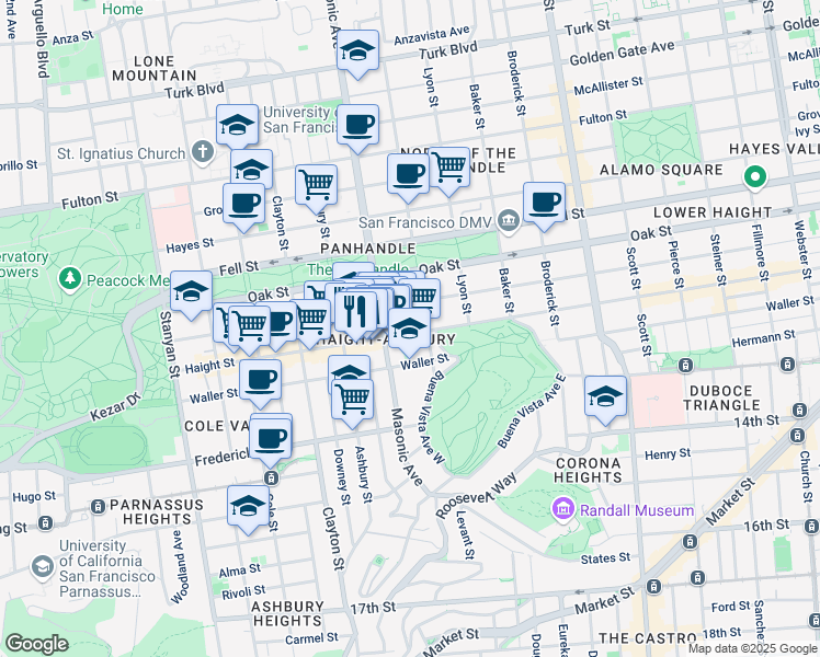map of restaurants, bars, coffee shops, grocery stores, and more near 1338 Haight Street in San Francisco