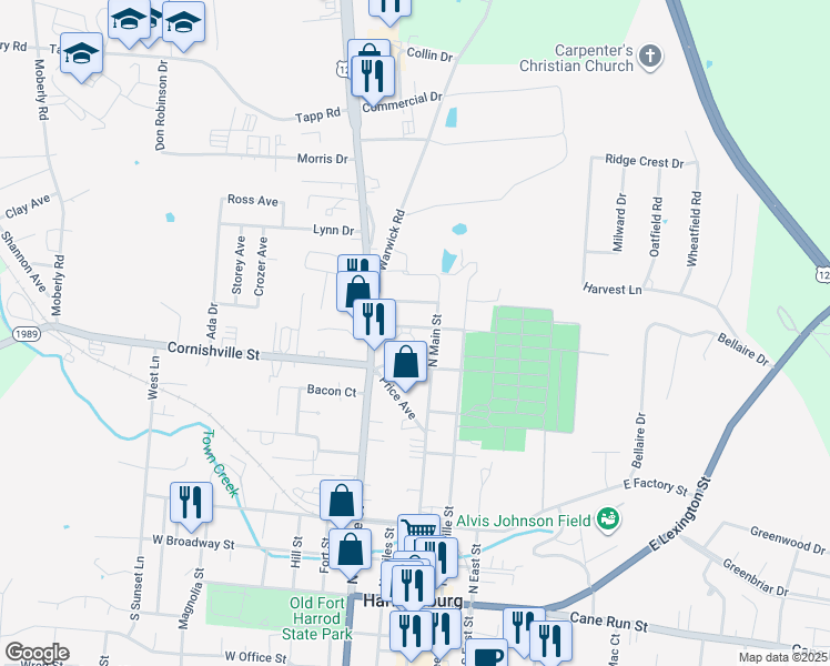 map of restaurants, bars, coffee shops, grocery stores, and more near 520 North Main Street in Harrodsburg