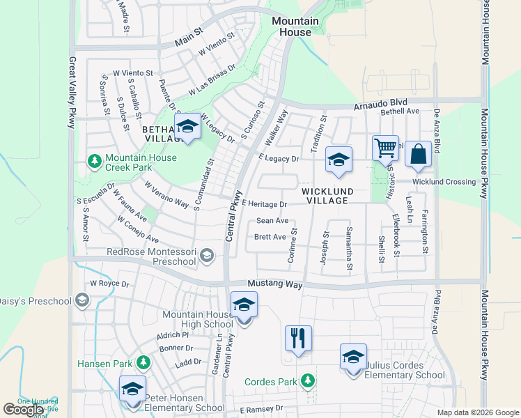 map of restaurants, bars, coffee shops, grocery stores, and more near 63 Sean Avenue in Mountain House