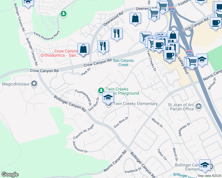 map of restaurants, bars, coffee shops, grocery stores, and more near 94 Dos Rios Place in San Ramon