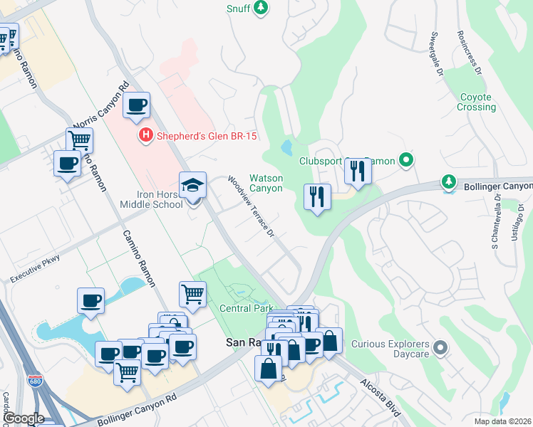 map of restaurants, bars, coffee shops, grocery stores, and more near 50 Lansford Court in San Ramon