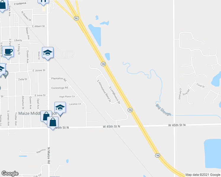 map of restaurants, bars, coffee shops, grocery stores, and more near South Longbranch Drive in Maize