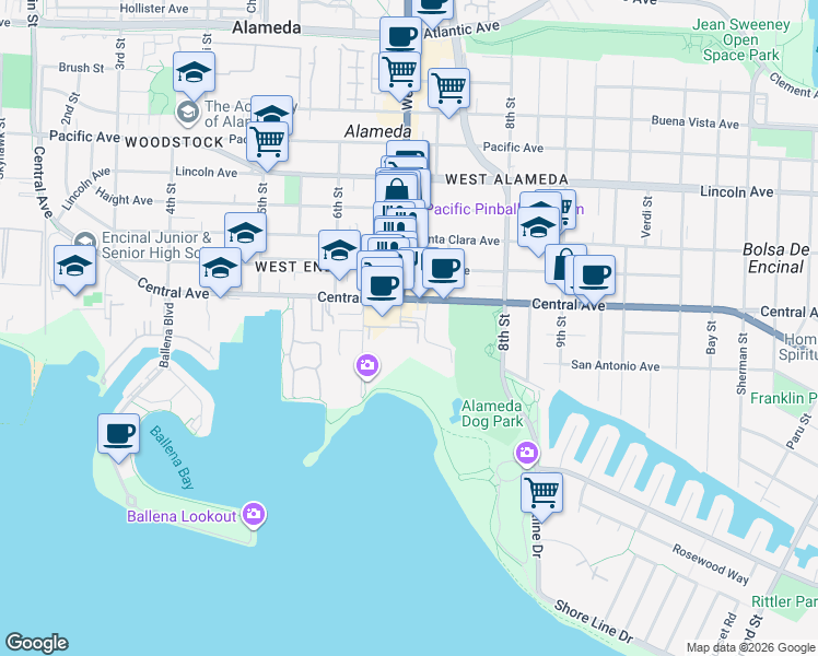 map of restaurants, bars, coffee shops, grocery stores, and more near 1331 Webster Street in Alameda