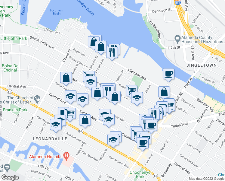 map of restaurants, bars, coffee shops, grocery stores, and more near Pacific Avenue & Willow Street in Alameda