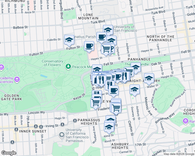 map of restaurants, bars, coffee shops, grocery stores, and more near 1950 Page Street in San Francisco